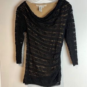 Black lace 3/4 sleeve top with tan slip